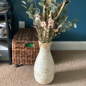 Something new! Floor vase in cream and gold. Approximately 20” high by 7” wide.